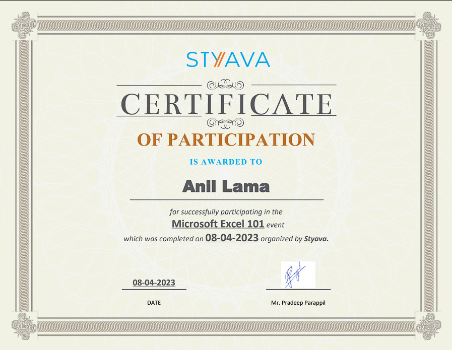 Microsoft Excel Certificate